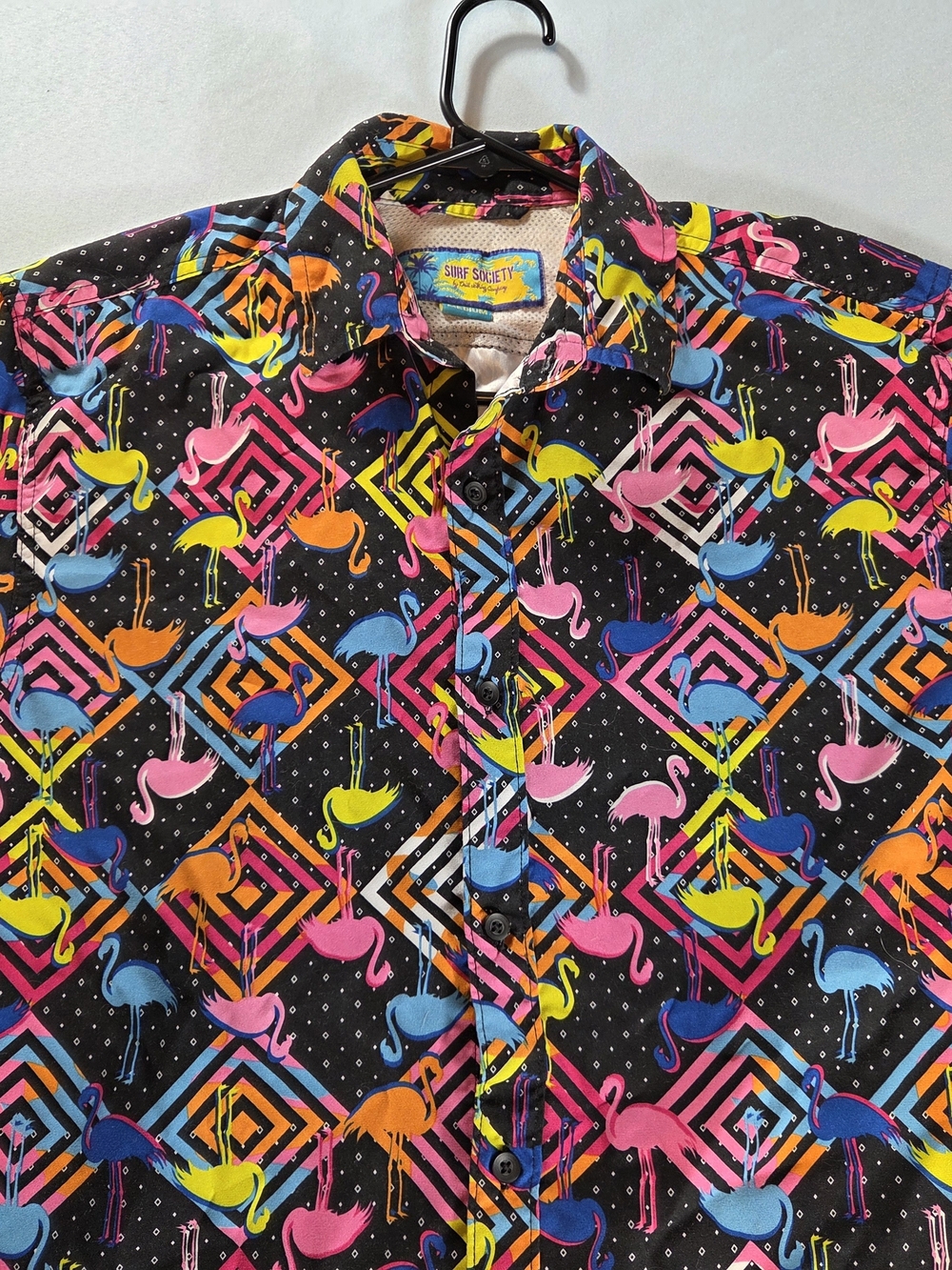 Surf Society Flamingo Button Up Shirt Medium Neon Retro Tropical Party